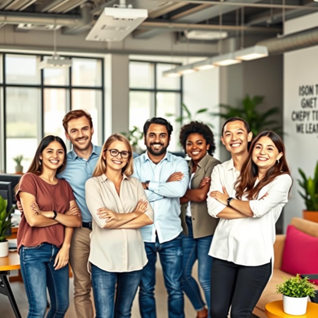 A lively office scene showcasing about 5 enthusiastic company employees joyfully posing for the camera