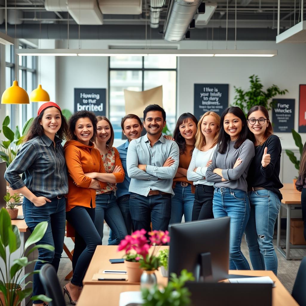 A cheerful office scene depicting about 5 enthusiastic employees from a company, joyfully posing for the camera