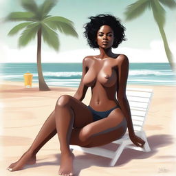 This is a high-quality digital art representation of the same confident black woman, now seated in a chair with her legs wide open, wearing an even thinner bikini with underclothes and an underbikini visible