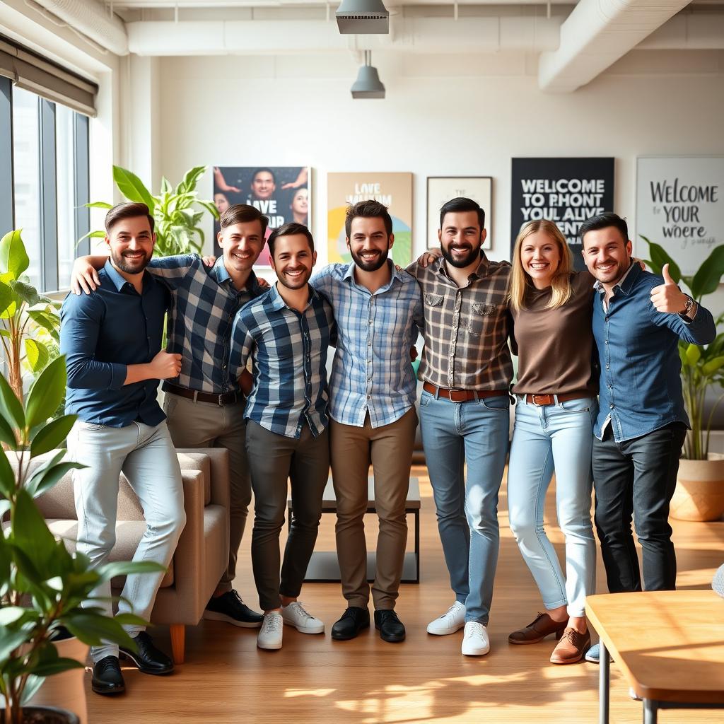 A vibrant office scene featuring about 5 joyful employees from a company, with at least 60% of them being male and 60% of Mid-European descent, all posing happily for the camera