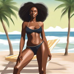 This is a high-quality digital art representation of the same confident black woman, now seated in a chair with her legs wide open, wearing an even thinner bikini with underclothes and an underbikini visible