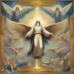 Create an image of majestic celestial creatures having six wings. With two wings they cover their faces, two more obscure their feet, and the remaining two are in flight. They hover over God's throne, invoking each other, proclaiming 'Holy, Holy, Holy is the Lord of Hosts; the whole earth is full of His glory.'