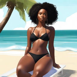 This is a high-quality digital art representation of the same confident black woman, now seated in a chair with her legs wide open, wearing an even thinner bikini with underclothes and an underbikini visible