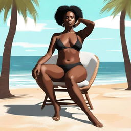 This is a high-quality digital art representation of the same confident black woman, now seated in a chair with her legs wide open, wearing an even thinner bikini with underclothes and an underbikini visible