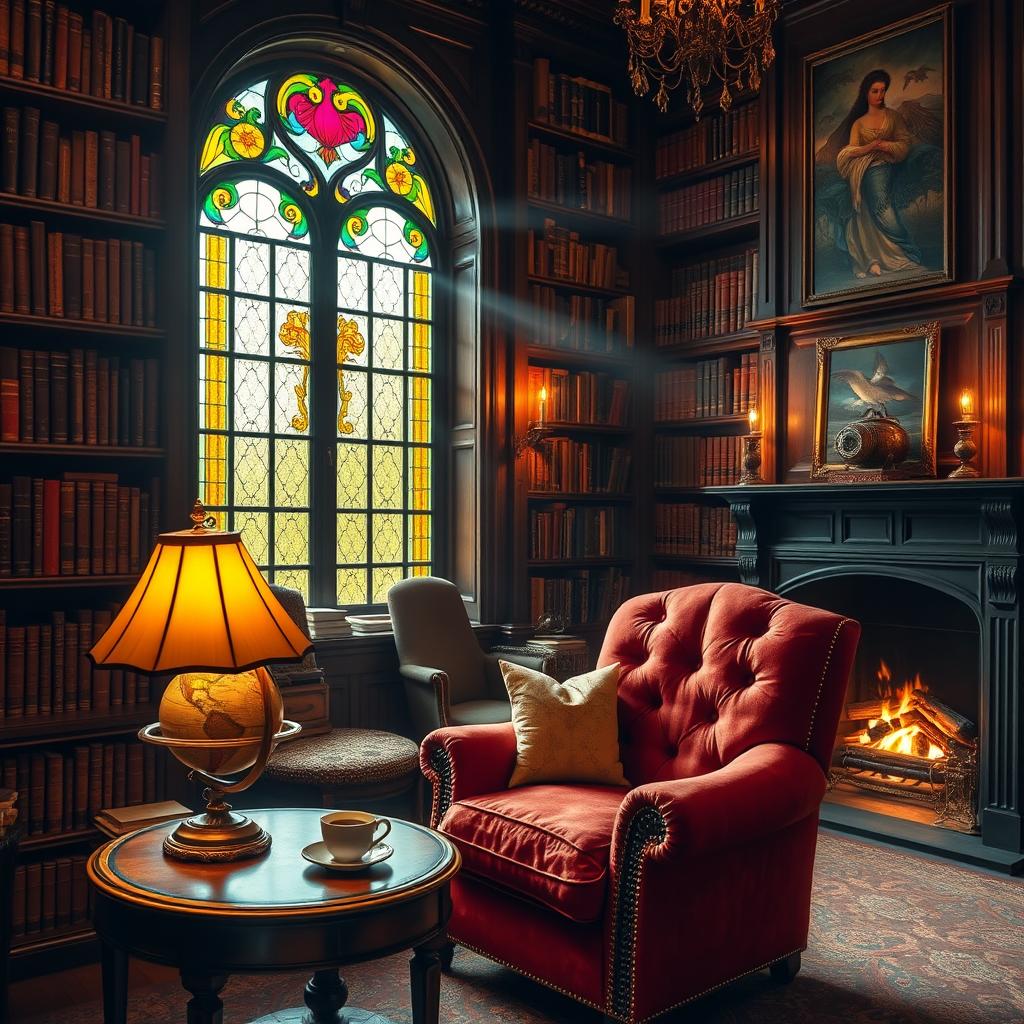 A stunningly cozy library filled with the rarest books in the world, featuring dark wooden bookshelves lined with antique leather-bound volumes