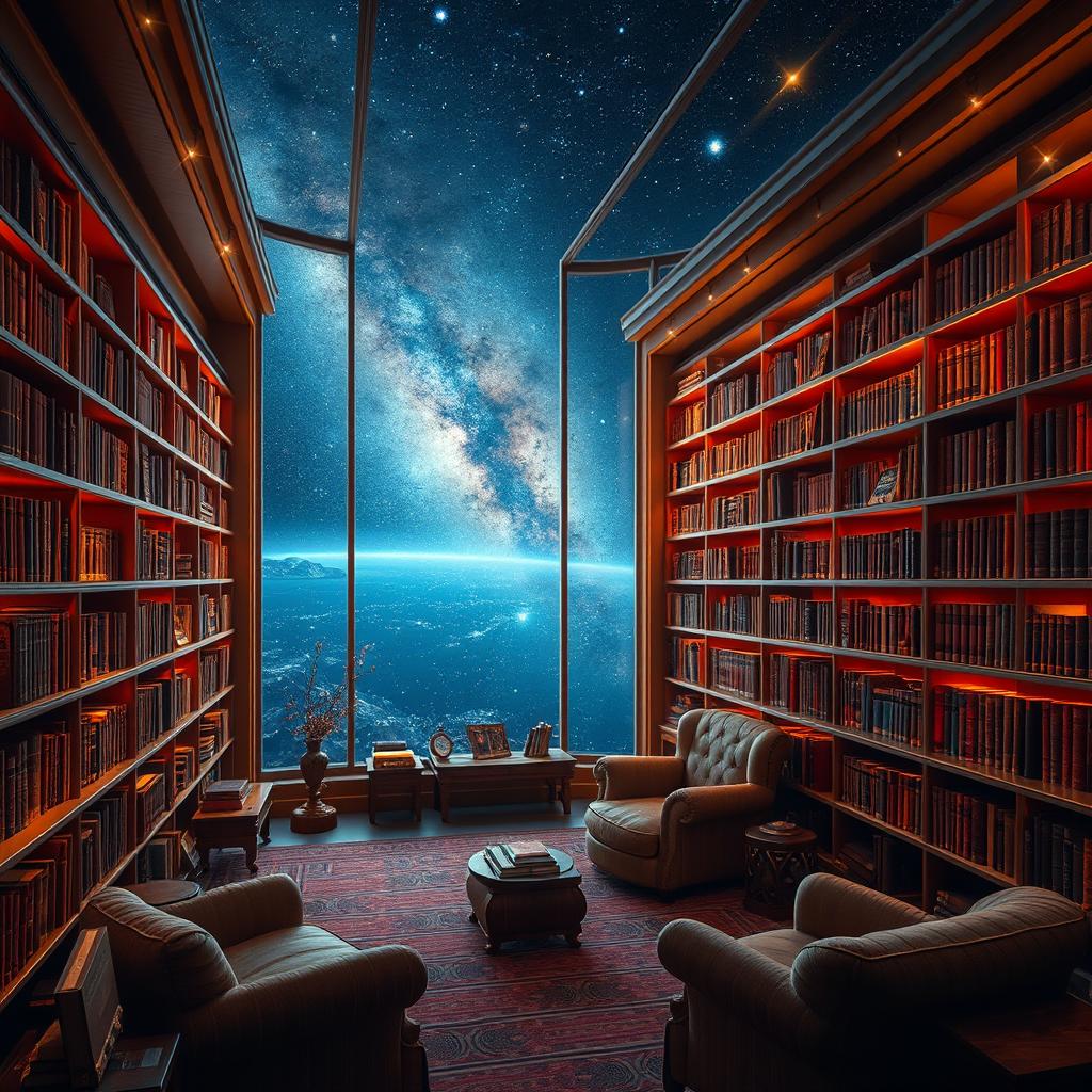 A cozy library floating in the vastness of space, filled with rare and ancient books that glow softly
