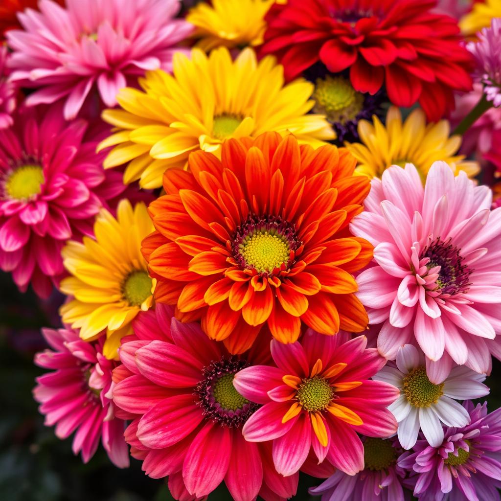 An exquisite close-up of an array of vibrant flowers, showcasing an assortment of colors including brilliant shades of pink, deep reds, sunny yellows, and soft purples