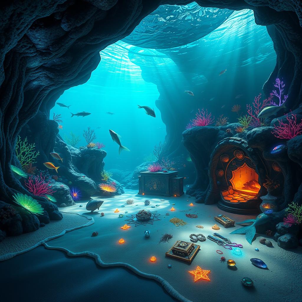 A stunning, secret mermaid grotto illuminated by glowing bioluminescent plants and vibrant coral formations
