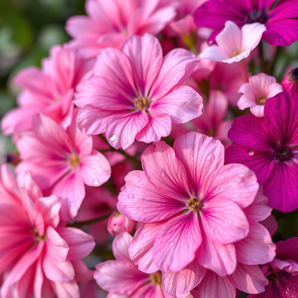 A beautiful arrangement of pink flowers in various shades, ranging from soft pastel pinks to vibrant fuchsia