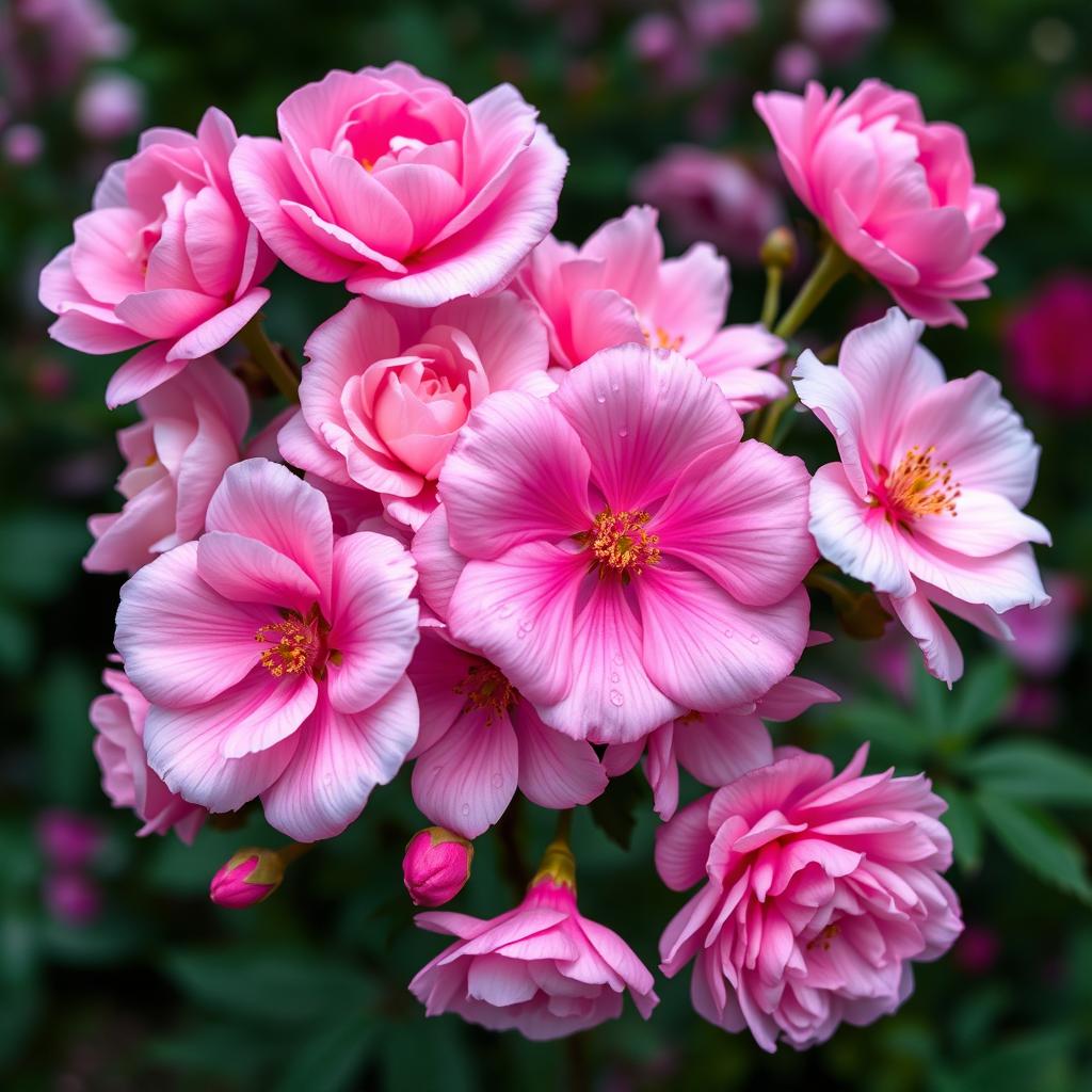 A stunning composition of pink flowers, featuring a variety of blooms such as roses, peonies, and cherry blossoms
