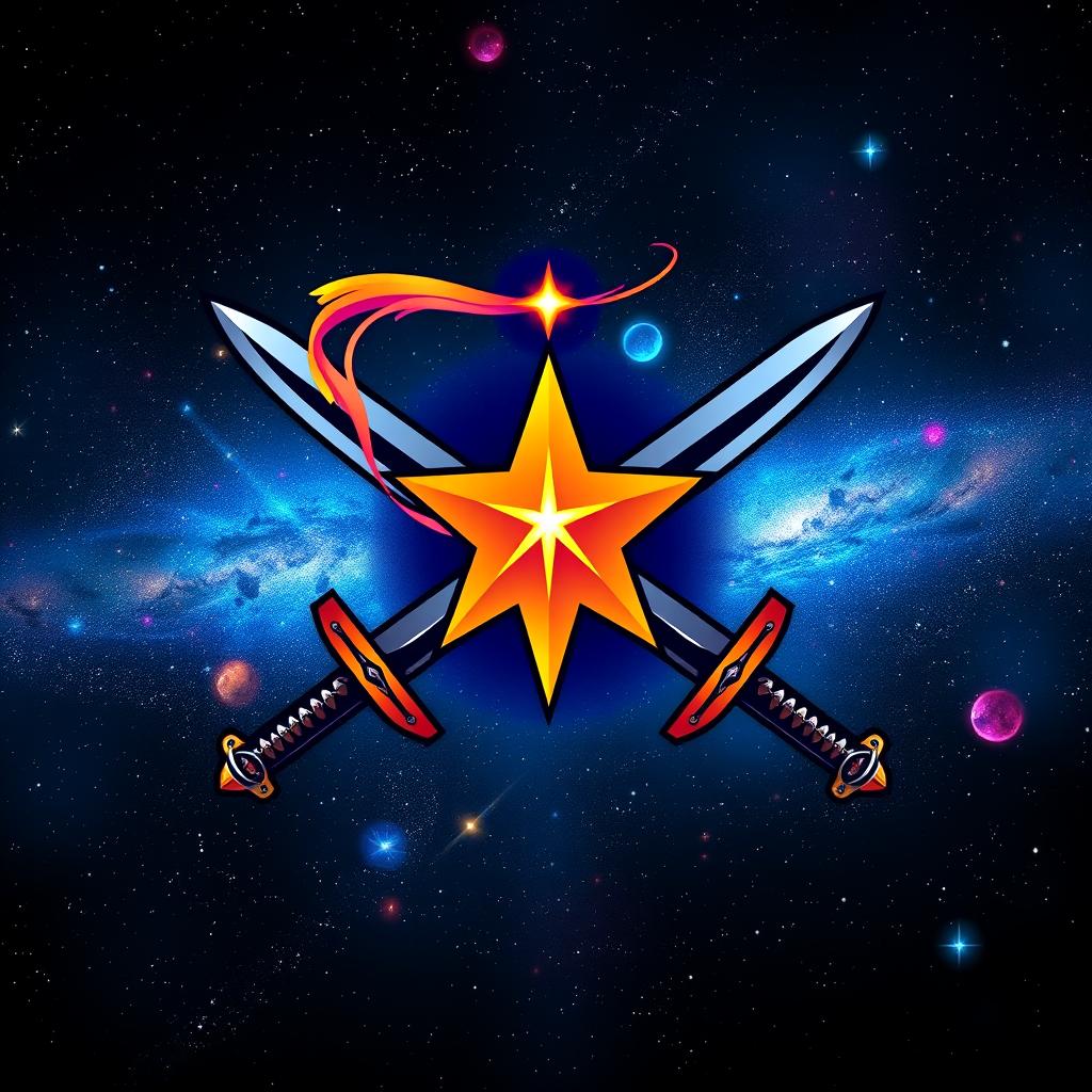 A vibrant and eye-catching logo design featuring a shooting star, seamlessly integrated with two crossed swords