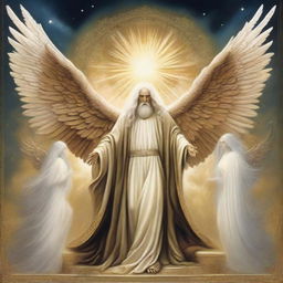 Create an image of majestic celestial creatures having six wings. With two wings they cover their faces, two more obscure their feet, and the remaining two are in flight. They hover over God's throne, invoking each other, proclaiming 'Holy, Holy, Holy is the Lord of Hosts; the whole earth is full of His glory.'