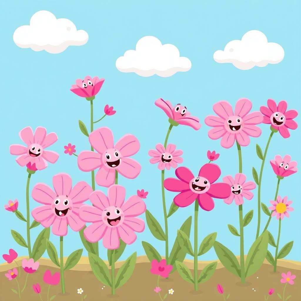 A whimsical illustration of cartoon-style pink flowers, featuring exaggerated, playful designs with oversized petals and cheerful faces
