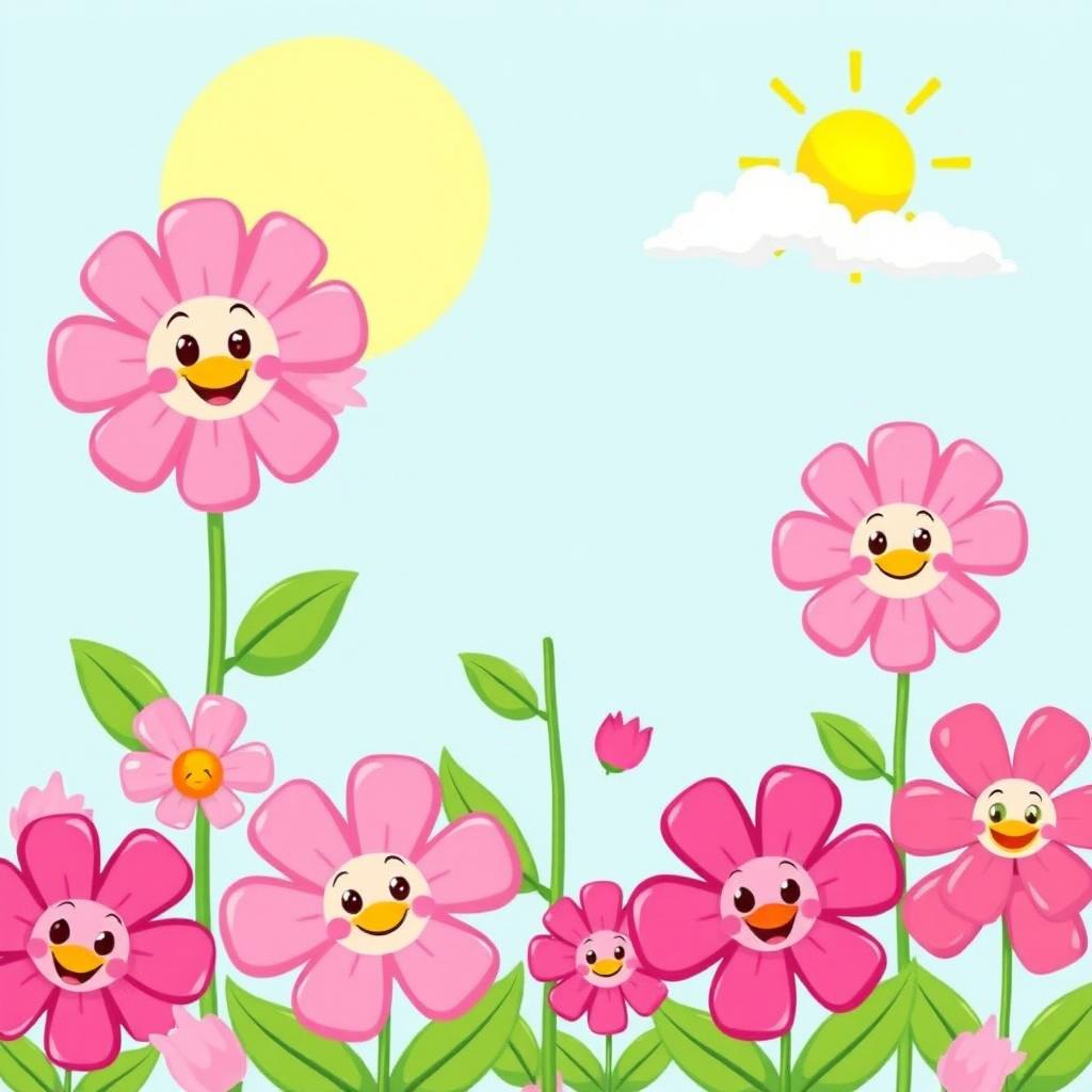 A delightful illustration of cartoon pink flowers, characterized by bright and bold colors