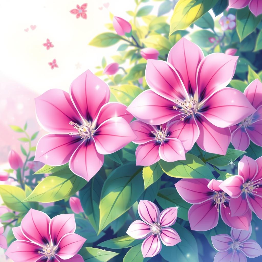 A vibrant anime-style illustration of pink flowers, specifically focusing on stylized blooms reminiscent of anime aesthetics