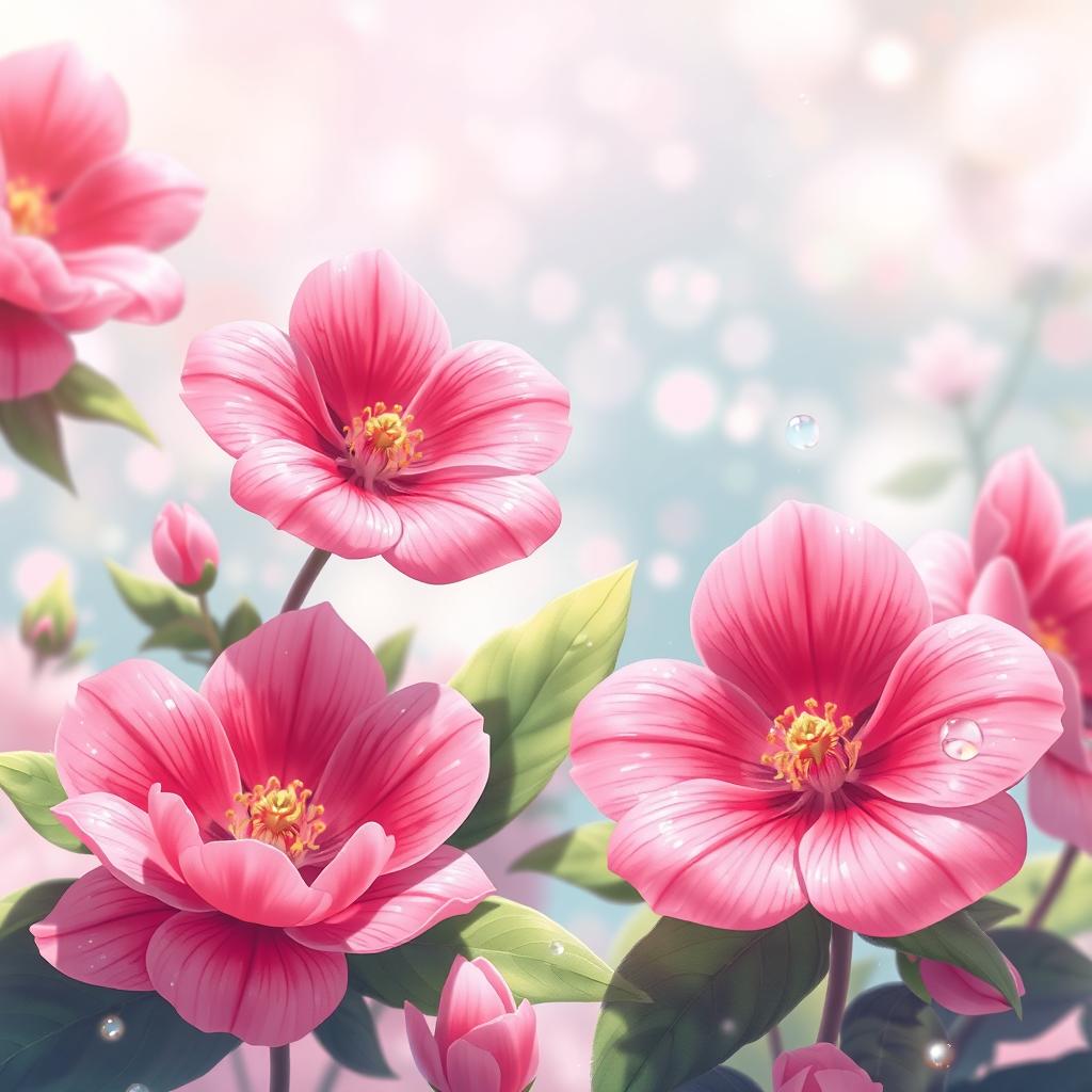 An enchanting anime-style illustration of beautiful pink flowers, showcasing an array of delicate blossoms with large, intricately designed petals that feature gradients from soft blush to vibrant rose