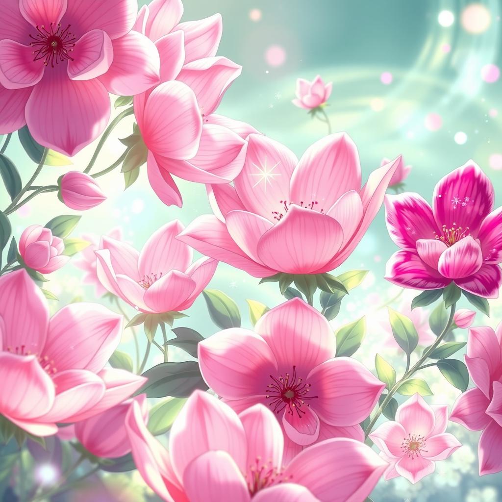 A stunning anime-style depiction of intricate pink flowers, showcasing a variety of blossoms with large, flowing petals that transition from soft pastel pinks to vibrant magentas
