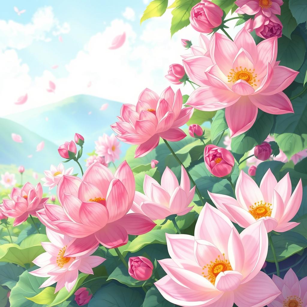 A captivating anime-style artwork featuring an array of pink flowers in various types, such as cherry blossoms and lotus blooms