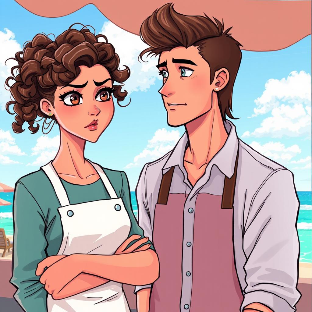 A digital iPad drawing of a girl chef with long, curly brown hair, brown eyes, and light brown skin, standing next to an attractive Italian guy with a shoulder-length mullet, brown hair, and hazel-green eyes