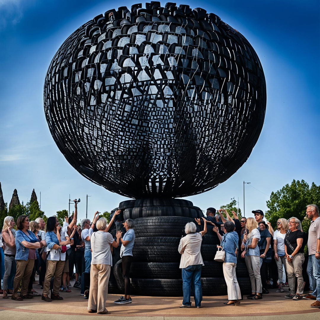 The image shows a unique architectural sculpture made of recycled tyres, with a crowd of diverse people gathered around it