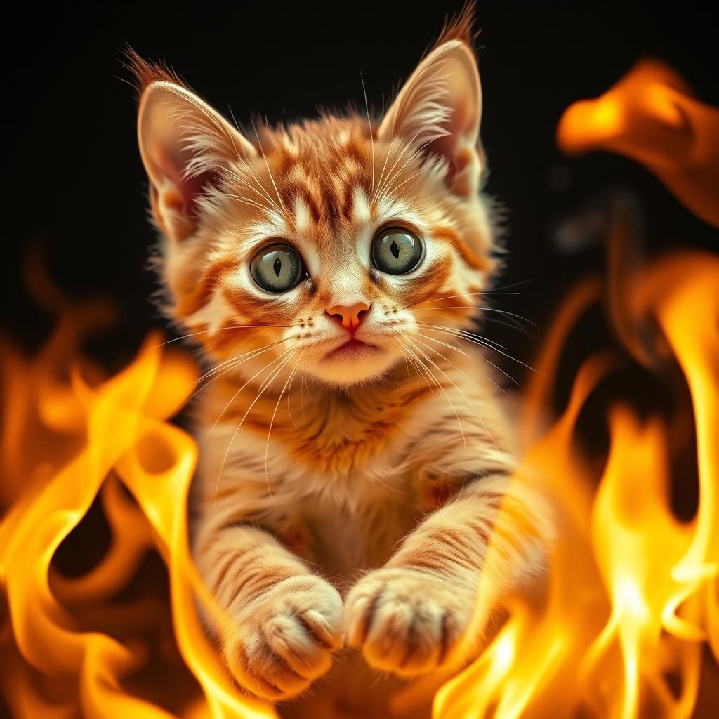 A cute orange tabby cat with large expressive green eyes, playfully interacting with vibrant flames, looking curious and unbothered, with wisps of smoke curling around its paws, set against a dark background to enhance the brightness of the fire, creating a whimsical and surreal atmosphere