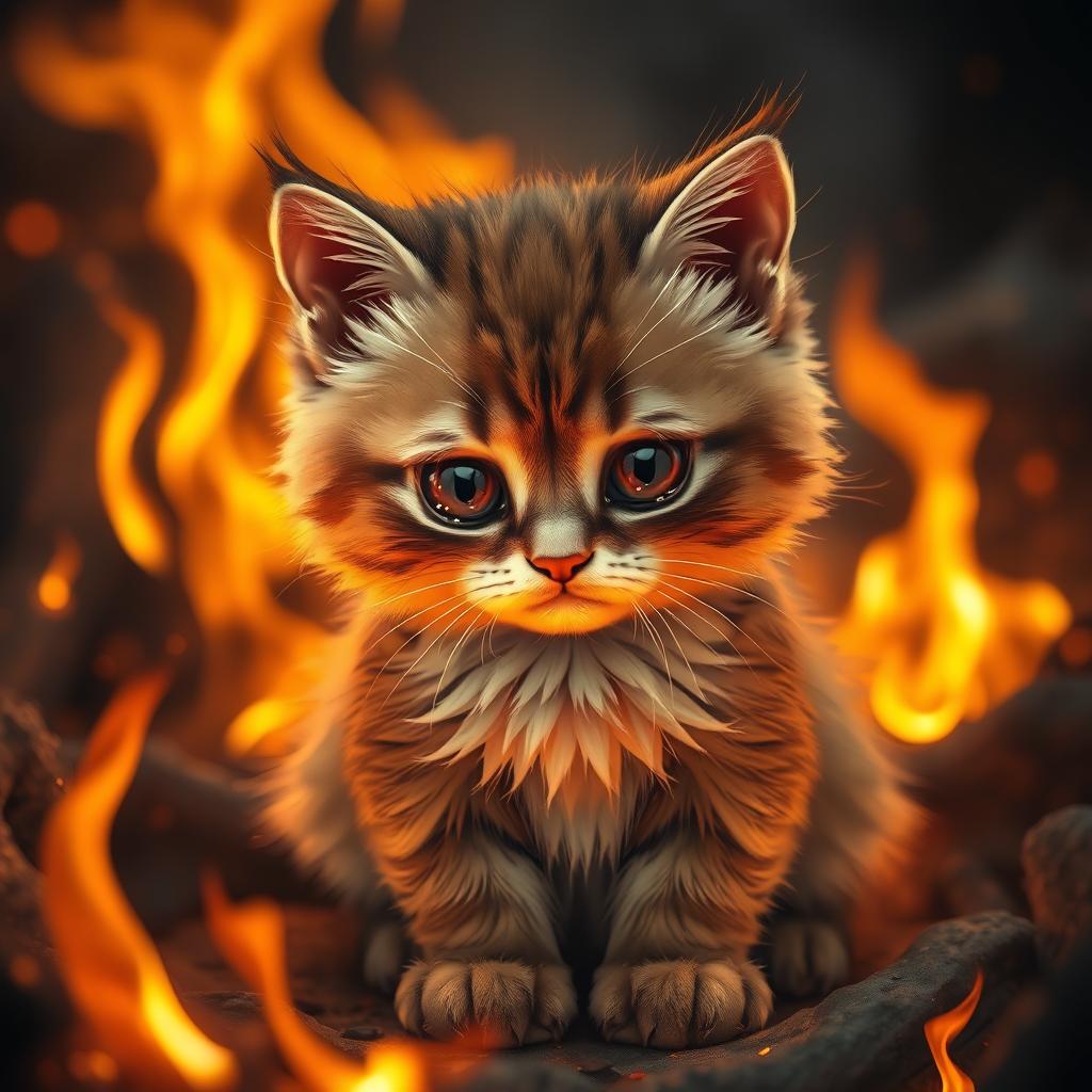 A cute, sad cat with big, expressive eyes, sitting in a fiery environment