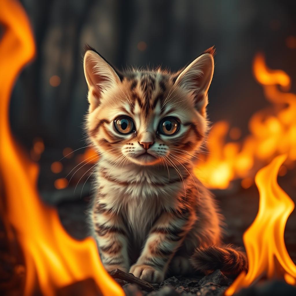 A cute yet sad cat with big expressive eyes, sitting in a dramatic scene with fiery flames surrounding it, tears flowing from its eyes