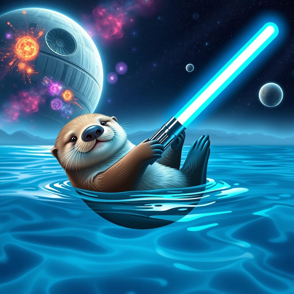 A cute sea otter holding a glowing lightsaber from Star Wars, playfully floating on its back in crystal clear blue ocean water