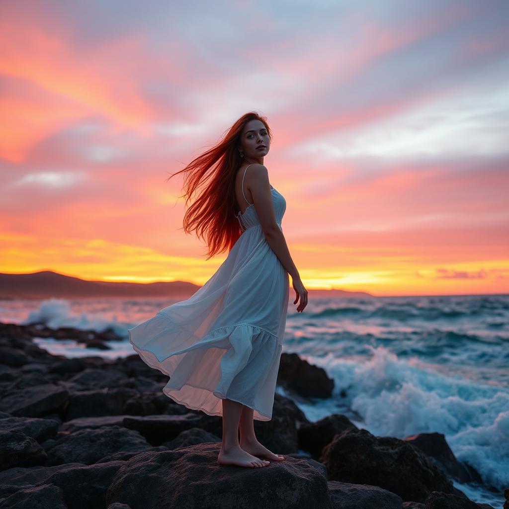 A beautiful woman with long flowing red hair stands on a rocky shoreline during sunset