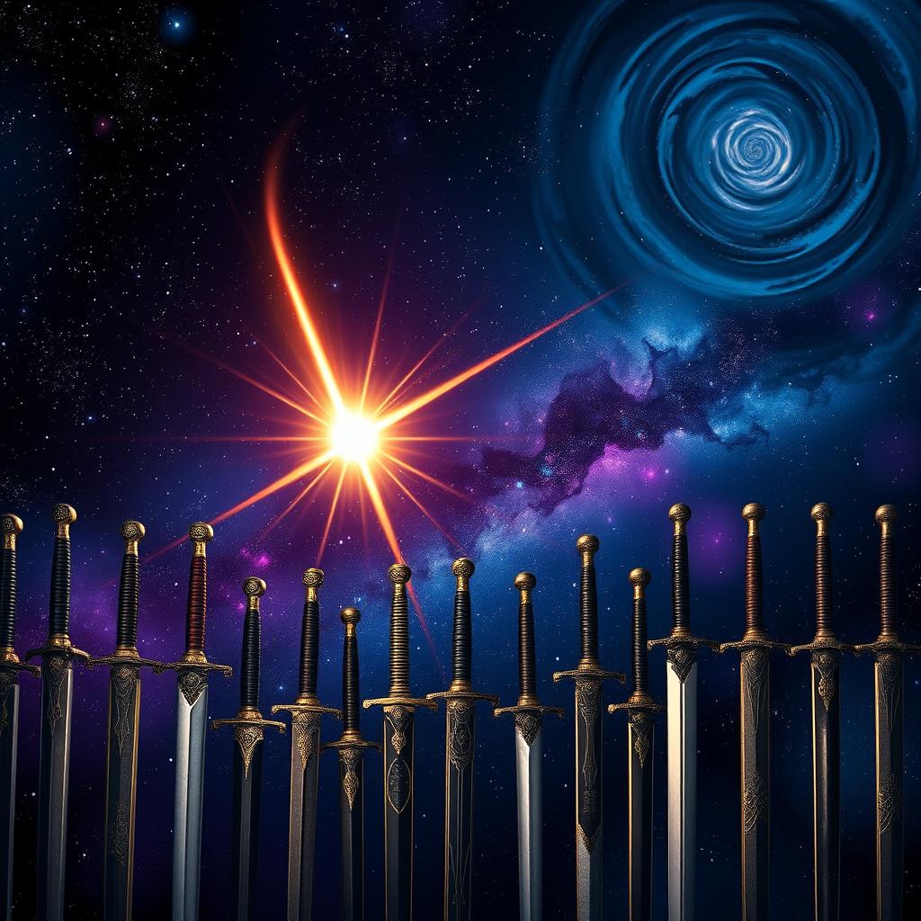A vibrant shooting star in the center of the composition, glowing brightly with celestial trails