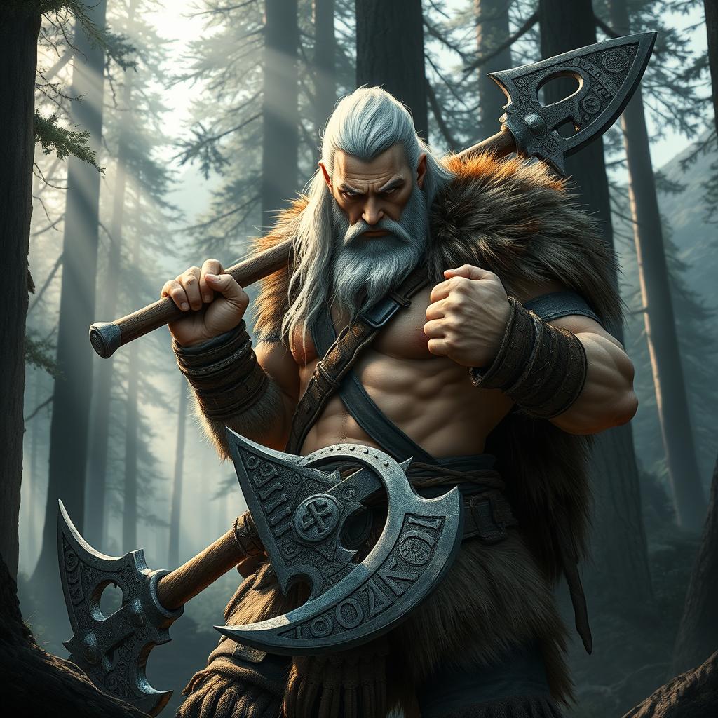 A powerful human barbarian with striking white hair, wearing rugged, fur-lined clothing that showcases his muscular physique