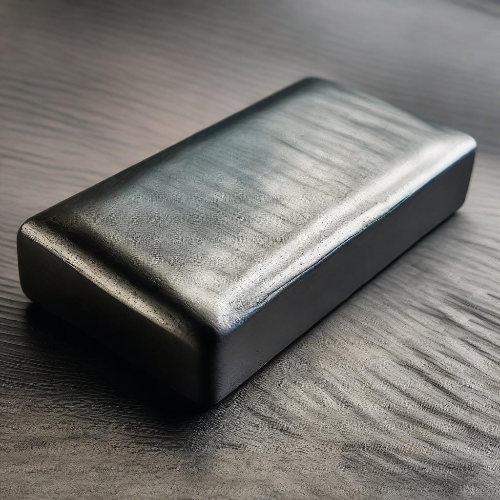 A detailed image of an iron ingot. The metallic texture shines with a gunmetal grey hue, smooth surface reflects the light subtly.