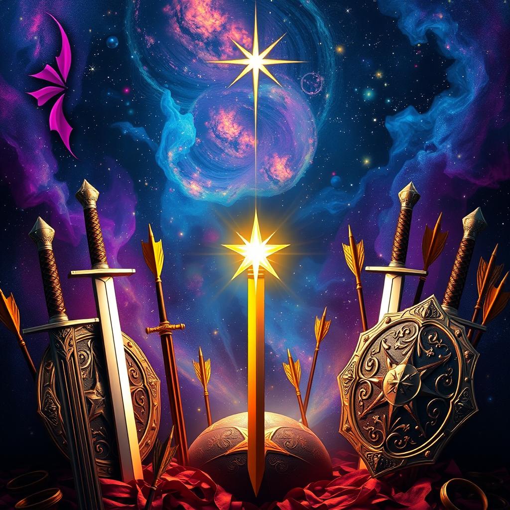 A captivating scene featuring a shooting star in the center of the frame, surrounded by a mesmerizing arrangement of swords, arrows, and shields