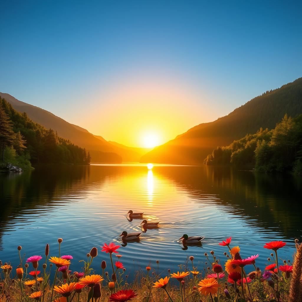 A stunning landscape showcasing a serene mountain lake surrounded by lush green forests under a clear blue sky