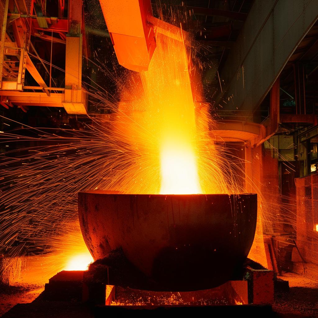 A striking image of an iron foundry. Bright, hot molten iron is being poured into orange-glowing crucibles against the dark industrial backdrop.