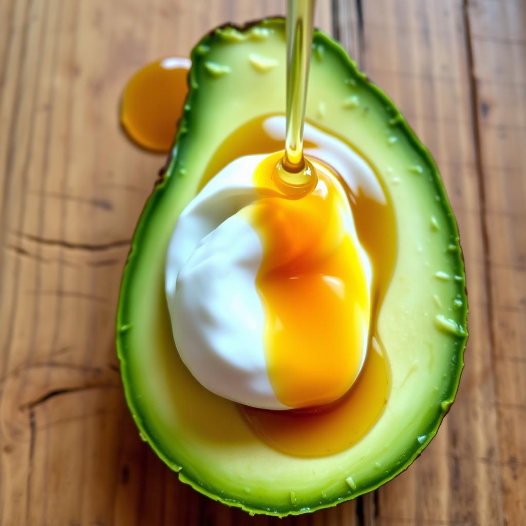 A beautifully arranged slice of avocat (avocado) topped with a luscious drizzle of honey and a generous dollop of creamy kashta (clotted cream)