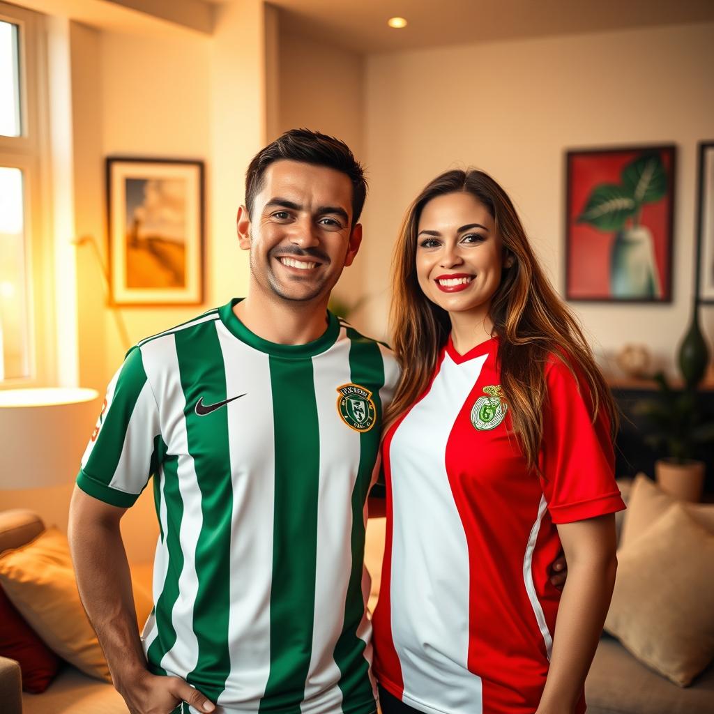 A smiling couple standing together inside a cozy modern house