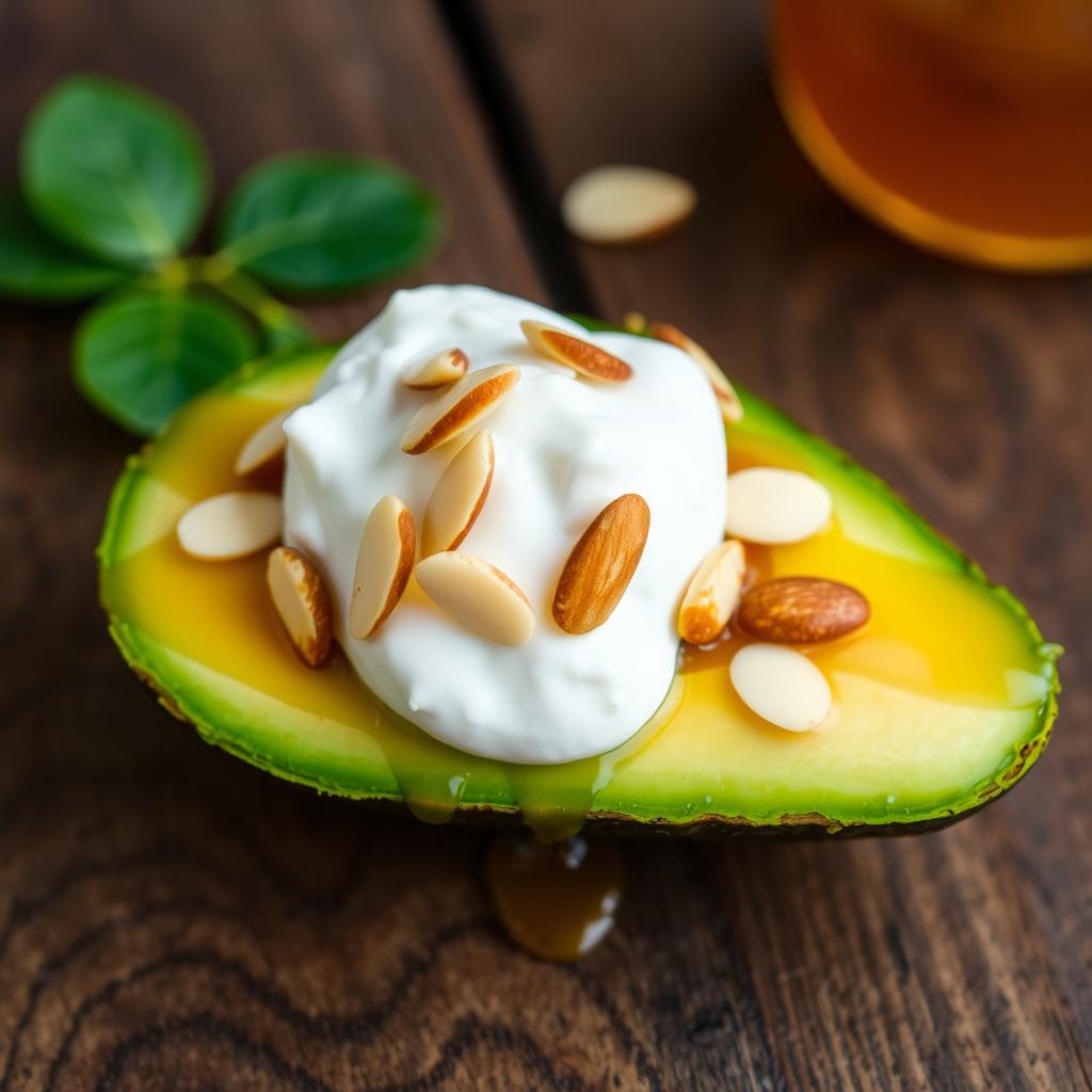 A beautifully arranged slice of avocat (avocado) topped with a luscious drizzle of honey, a generous dollop of creamy kashta (clotted cream), and sprinkled with crunchy almond slices