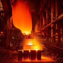 A striking image of an iron foundry. Bright, hot molten iron is being poured into orange-glowing crucibles against the dark industrial backdrop.