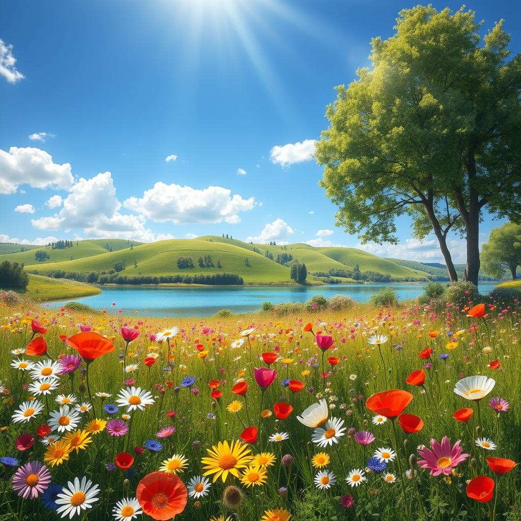 Create a vibrant and detailed scene inspired by the essence of the provided image, showcasing lush landscapes filled with wildflowers under a clear blue sky, with soft sunlight filtering through the trees, casting playful shadows on the ground