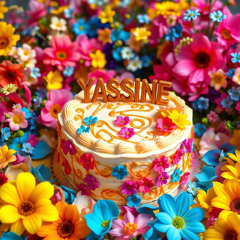 A vibrant explosion of colorful flowers in full bloom surrounding a beautifully decorated cake, featuring intricate designs and topped with the name 'YASSINE' elegantly written in shiny caramel