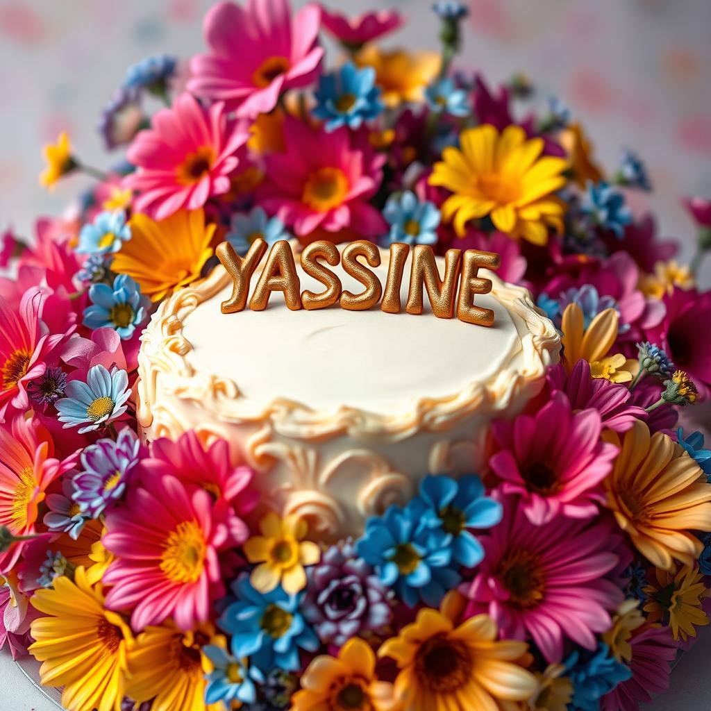 An explosion of colorful flowers, vibrant and vivid in shades of pink, yellow, and blue, surrounding a beautifully decorated cake