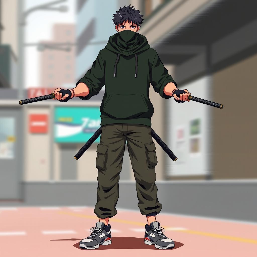 A tall male character standing confidently, 190cm in height, with medium short dark hair and a scarf covering his mouth and nose