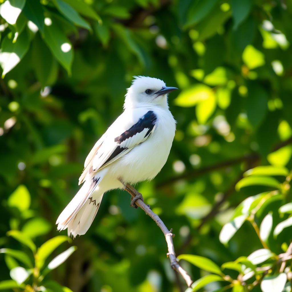 A stunning white and black bird perched elegantly on a thin branch, surrounded by lush green foliage