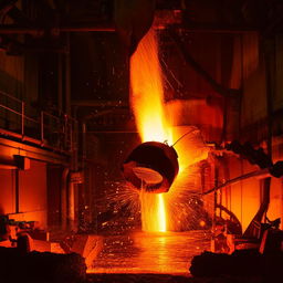 A striking image of an iron foundry. Bright, hot molten iron is being poured into orange-glowing crucibles against the dark industrial backdrop.