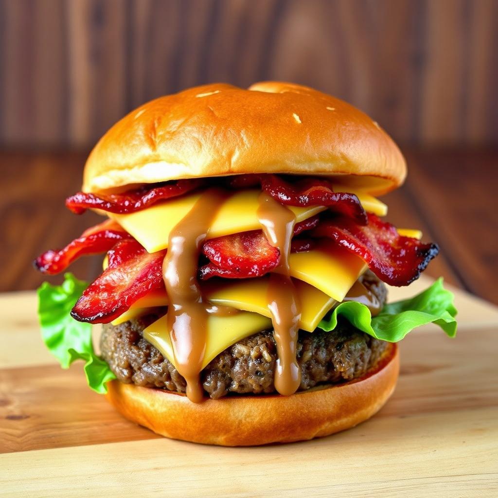 A delicious gourmet smash burger featuring crispy layers of bacon atop a juicy, perfectly cooked patty
