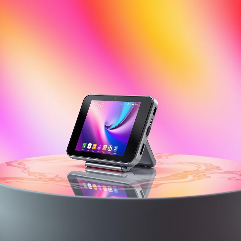 A professional product display featuring a sleek and modern electronic gadget on a beautifully designed table
