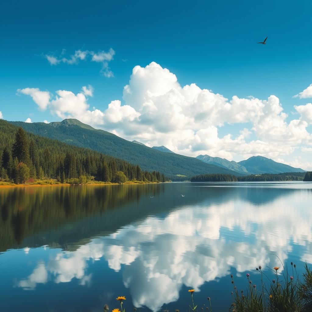 A serene landscape featuring a calm lake surrounded by lush green forests and majestic mountains in the background