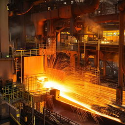 A highly detailed scene of a steel smelting factory at work, including molten steel flowing, workers in protective clothing, and the glowing machinery.