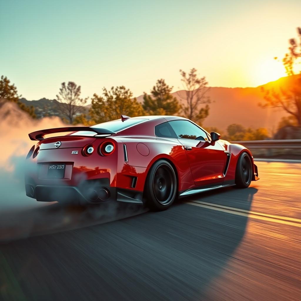 A stunning high-performance Nissan sports car drifting on a winding mountain road, tires screeching, smoke billowing from the rear tires, showcasing its sleek aerodynamic design and vibrant paint job
